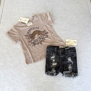 Joyfolie Kids Happiness Hunter Graphic Tee and Marah Distressed Denim Shorts Set